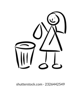 Throwing garbage black doodle icon. Cute girl do not litter symbols, keep clean and dispose of carefully and thoughtfully vector signs