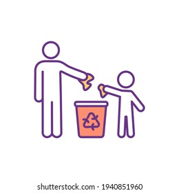 Throwing garbage properly RGB color icon. Waste segregation. Recycling, collection, processing. Waste management. Garbage dispose. Re-used and recycled materials. Isolated vector illustration