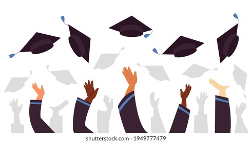 Throwing graduation caps. Cap flying up, student education celebration. University college or school, graduate with academic hats decent vector concept