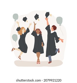 Tirar los límites de la graduación es una ilustración vectorial de dibujos animados aislados. Estudiantes de secundaria lanzan gorras en el aire, tradición de graduación, celebración escolar, sombrero negro y vector de dibujos animados de mantos.