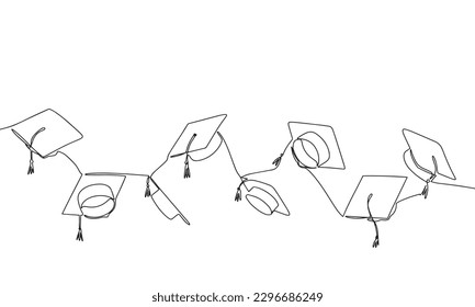 Throwing graduation caps one line continuous illustration. Line art graduation education vector banner.