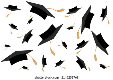 Throwing graduation caps with tossels. Vector illustration