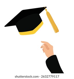 Throwing graduation hat in the air isolated on white background. Vector illustration