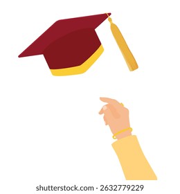 Jogando chapéu de graduação no ar isolado no fundo branco. Ilustração vetorial