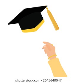 Throwing graduation hat in the air isolated on white background. Vector illustration