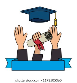 throwing hand with graduation diploma and hat