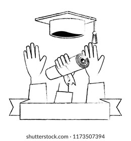 throwing hand with graduation diploma and hat