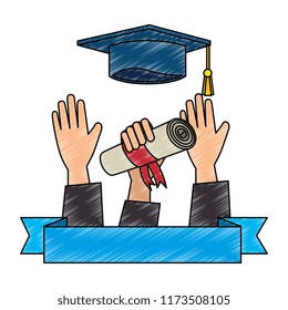throwing hand with graduation diploma and hat