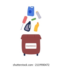 Throwing Hazardous Waste, Garbage Into Brown Container For Household Chemicals, Hazards. Dangerous Trash Dumpster. Rubbish Dustbin. Flat Vector Illustration Isolated On White Background