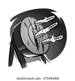 throwing knives in the target. grayscale illustration