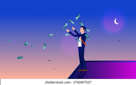 Throwing money away - Man on top of building throwing dollars in the air and wind loosing it all. Careless economy and financial loss concept. Vector illustration.