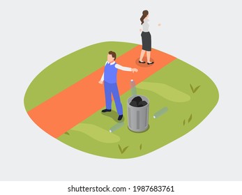 Throwing plastic bottle isometric vector concept. Man throwing plastic bottle into recycling bin at the park