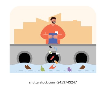 Throwing rubbish into the river is an action that causes water pollution, vector illustration.