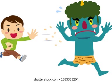 Throwing the soybeans is Boy,  Japanese Mamemaki, Blue demon running away, Facing right