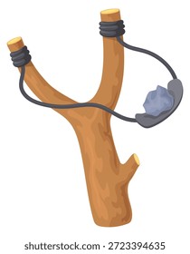 Throwing stone catapult toy. Cartoon slingshot icon