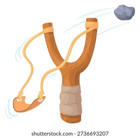 Throwing stone from elastic sling. Weapon toy cartoon icon