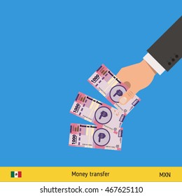 Throwing three peso. Mexican peso banknote.