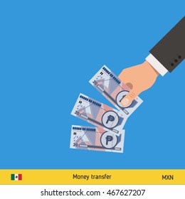 Throwing three peso. Mexican peso banknote.
