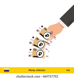 Throwing three riyal. Russian ruble banknote.