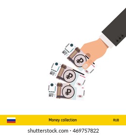 Throwing three riyal. Russian ruble banknote.