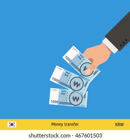 Throwing three won. South Korean won banknote.