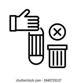 Throwing used face mask to bin. Concept of COVID-19 prevention. Line vector. Isolate on white background.