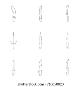 Throwing weapons icons set. Outline set of 9 throwing weapons vector icons for web isolated on white background