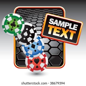 thrown casino chips on black hexagon template