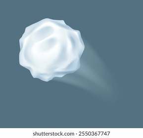 Thrown fast snowball playing in winter realistic vector illustration. Active game with snow on wintertime 3d object on grey background