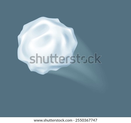 Thrown fast snowball playing in winter realistic vector illustration. Active game with snow on wintertime 3d object on grey background
