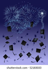 Thrown graduation caps against a fireworks display background