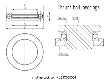 Thrust ball bearings. Front view, sectional view and assembly drawing. Vector technical sketch. Detail designed to support an axial load, composed of bearing balls supported in a rings.