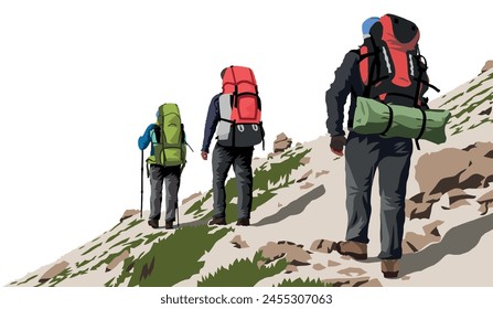 Tres senderistas escaladores trekkers montañeros de mochileros con una gran mochila en su espalda aislado en la Ilustración vectorial de fondo blanco