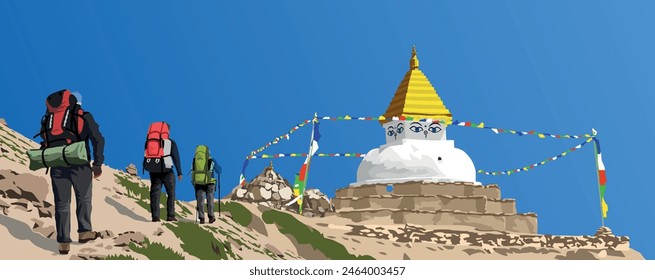 Thtee hikers climbers trekkers mountaineers of backpackers with a big backpacks on his back and buddhist stupa or chorten with prayer flags isolated on blue sky background