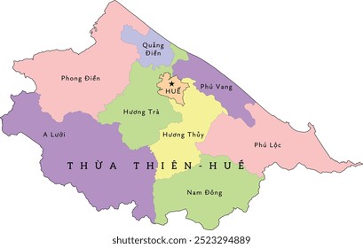 Thua Thien Hue (Thừa Thiên Huế) province of Vietnam administrative divisions map. Colored. Vectored. Bright colors