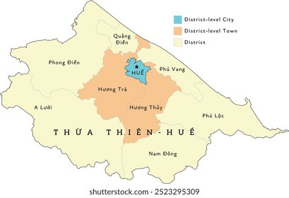 Thua Thien Hue (Thừa Thiên Huren) mapa das divisões administrativas da província do Vietnã. Colorido. Vetorizado. Tipos de distritos