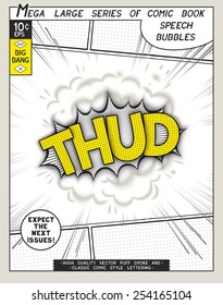 Thud. Explosion in comic style with lettering and realistic puffs smoke. 3D pop art speech bubble. Vector graphics CMYK