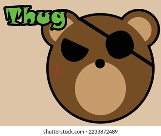 A thug bear, cartoon style bear with evil look, bear vector illustration, the word thug, pink and yellow colors, cool sign and tag, eye patch, character design, suitable for gaming and social media