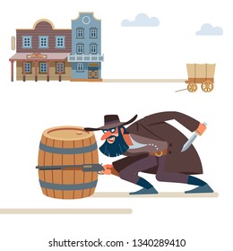 A thug with a dark beard and a snide smile with a rifle and a dagger sneaks up on the victim. The Old Wild West. Cartoon vector illustration. Flat style. Isolated on white background.