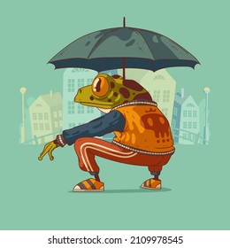 Thug frog with umbrella, vector illustration. Back view of cool trendy dressed anthropomorphic frog, sitting gravely under umbrella on his haunches. Animal character with human body. Furry