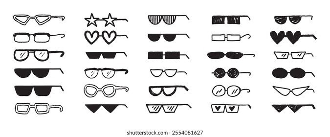 Thug glasses. Cool glasses graffiti grunge black sunglasses set, brush scribble hand drawn doodle elements. Vector illustration