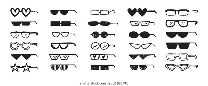 Thug glasses. Cool glasses graffiti grunge black sunglasses set, brush scribble hand drawn doodle elements. Vector illustration