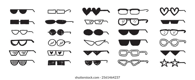 Thug glasses. Cool glasses graffiti grunge black sunglasses set, brush scribble hand drawn doodle elements. Vector illustration