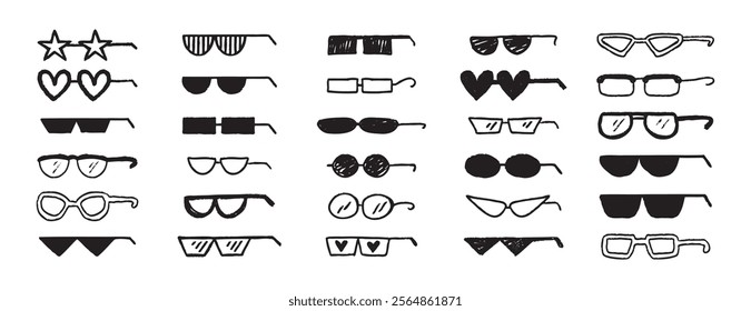 Thug glasses. Cool glasses graffiti grunge black sunglasses set, brush scribble hand drawn doodle elements. Vector illustration