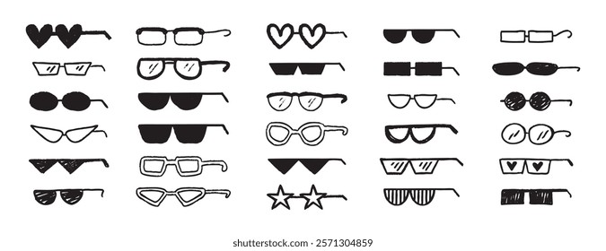 Thug glasses. Cool glasses graffiti grunge black sunglasses set, brush scribble hand drawn doodle elements. Vector illustration