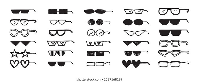 Thug glasses. Cool glasses graffiti grunge black sunglasses set, brush scribble hand drawn doodle elements. Vector illustration