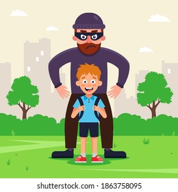 a thug kidnaps a child for ransom. flat vector character illustration.