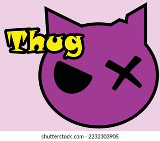 A thug kitty, kitten, cat, cartoon style kitty with evil look, kitty vector illustration, the word thug, pink and yellow colors, cool sign and tag and sticker, character design, T shirt print