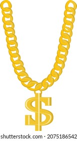 Thug Life Gangsta Bling Chain. Gold dollar symbol on golden chain vector hip hop rap style necklace. American money and financial luxury illustration isolated flat vector. 