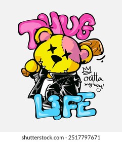 thug life graffitti style slogan with bear doll in leather jacket graphic vector illustration